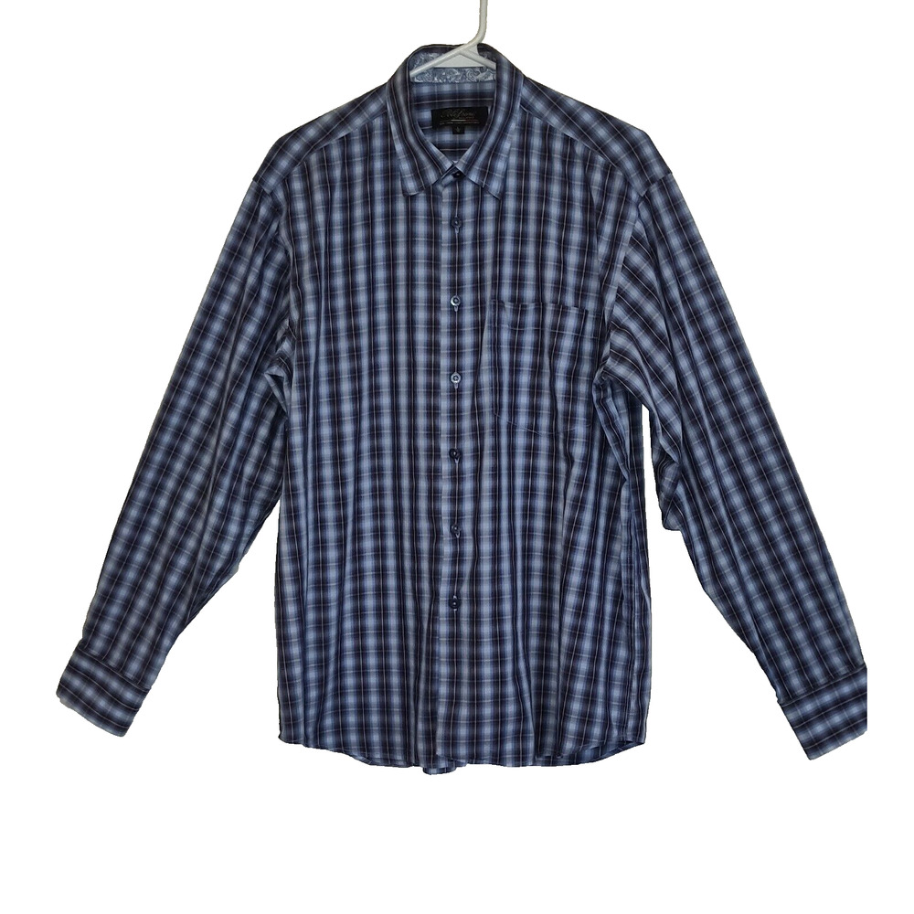 Polifroni Milano Blue Plaid Shirt w/ Brocade Fabric inside Collar. Men's SIZE L